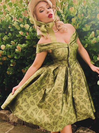 1950ER GRÜNES SCHULTERFREIES VINTAGE Schmetterling KLEID