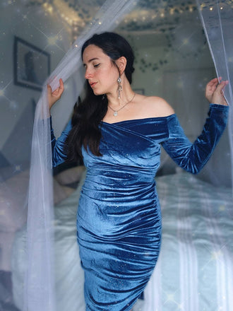 Blau 1960er Solide Schulterfrei Samt Bleistiftkleid