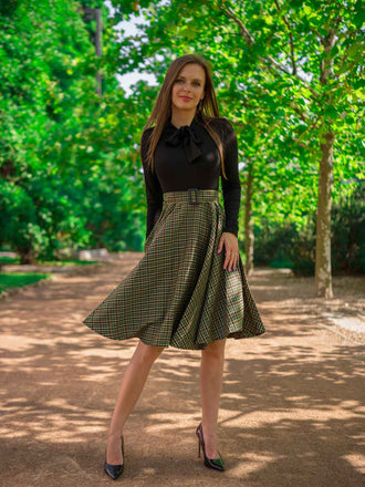 Schwarz 1950ER DUNKELGRÜNES KARIERTES STRICKKLEID