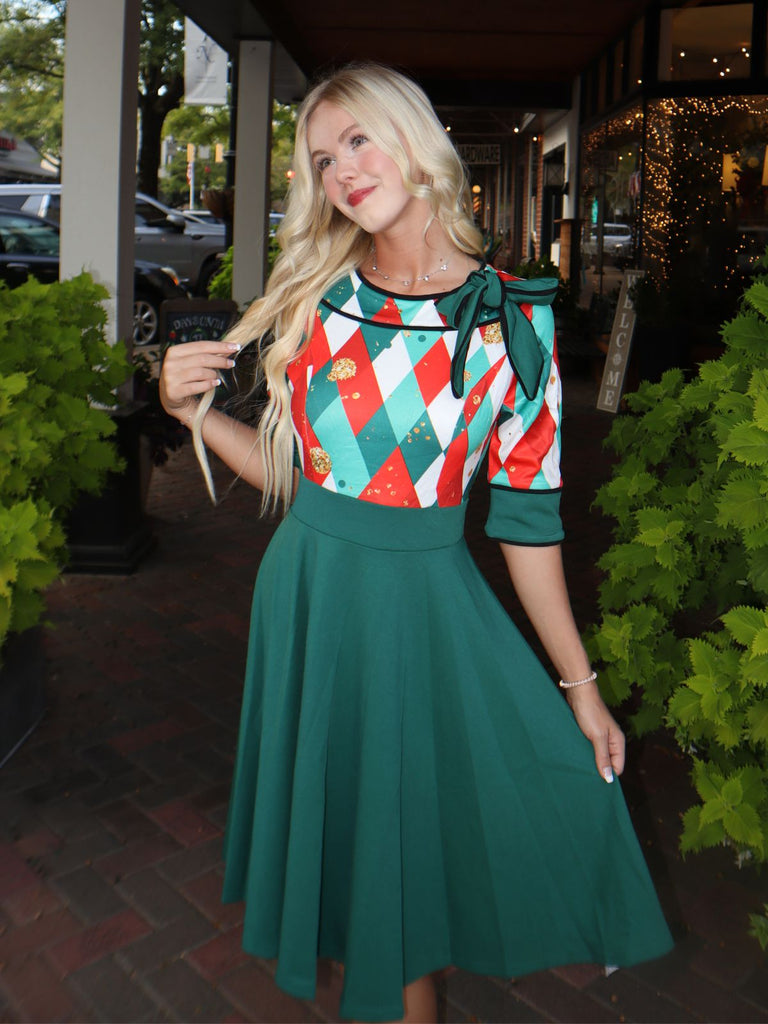 Grün 1950er Weihnachten Plaid Patchwork Kleid