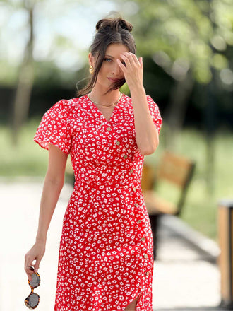 Rotes Geblümtes V-Ausschnitt-Knopfkleid 1930er