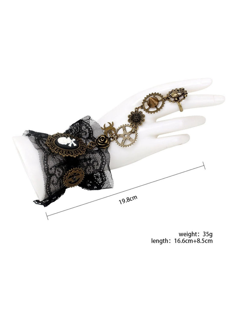 Schwarz Vintage Gothic Punk Spitze Armband Mit Ring