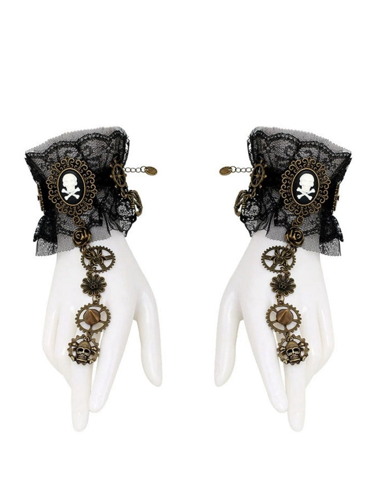 Schwarz Vintage Gothic Punk Spitze Armband Mit Ring