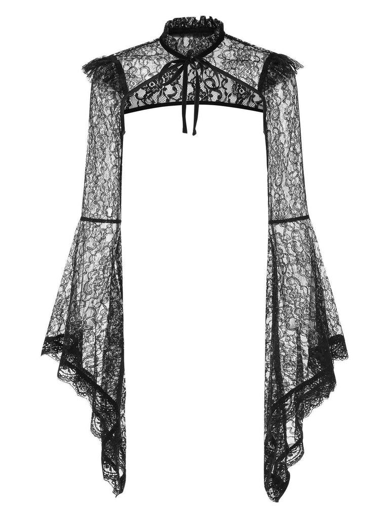 [Vorverkauf] Schwarz 1930er Glockenärmel Tie-Kragen Spitze Cape