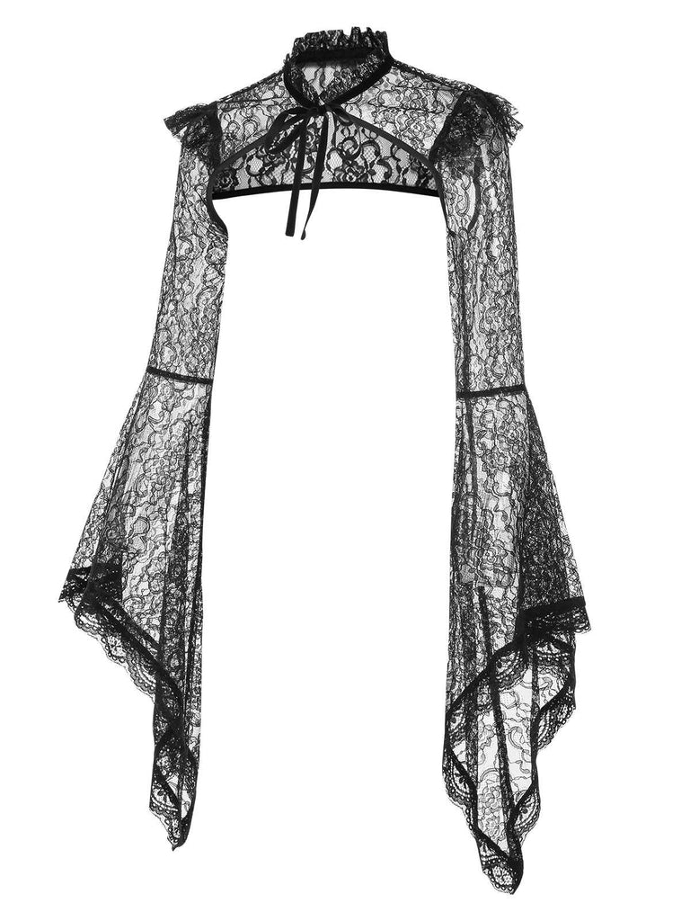 [Vorverkauf] Schwarz 1930er Glockenärmel Tie-Kragen Spitze Cape