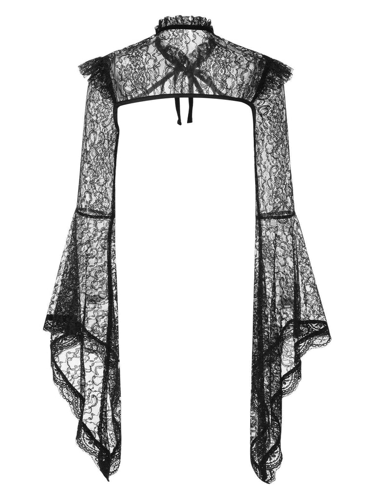 [Vorverkauf] Schwarz 1930er Glockenärmel Tie-Kragen Spitze Cape