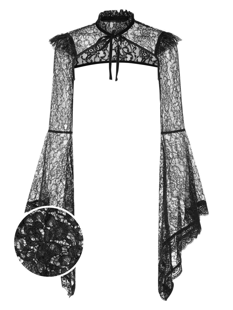 [Vorverkauf] Schwarz 1930er Glockenärmel Tie-Kragen Spitze Cape