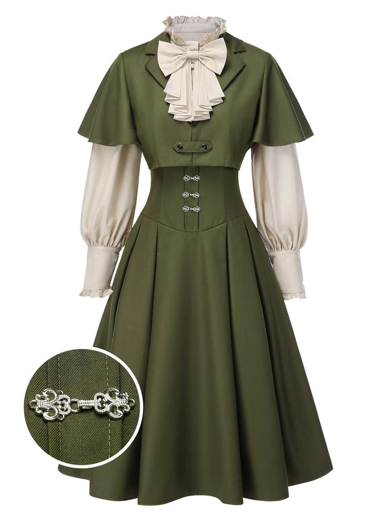 [Vorverkauf] 2PCS Grün 1950er Viktorianisch Bogen Tie Kleid & Kurzes Cape