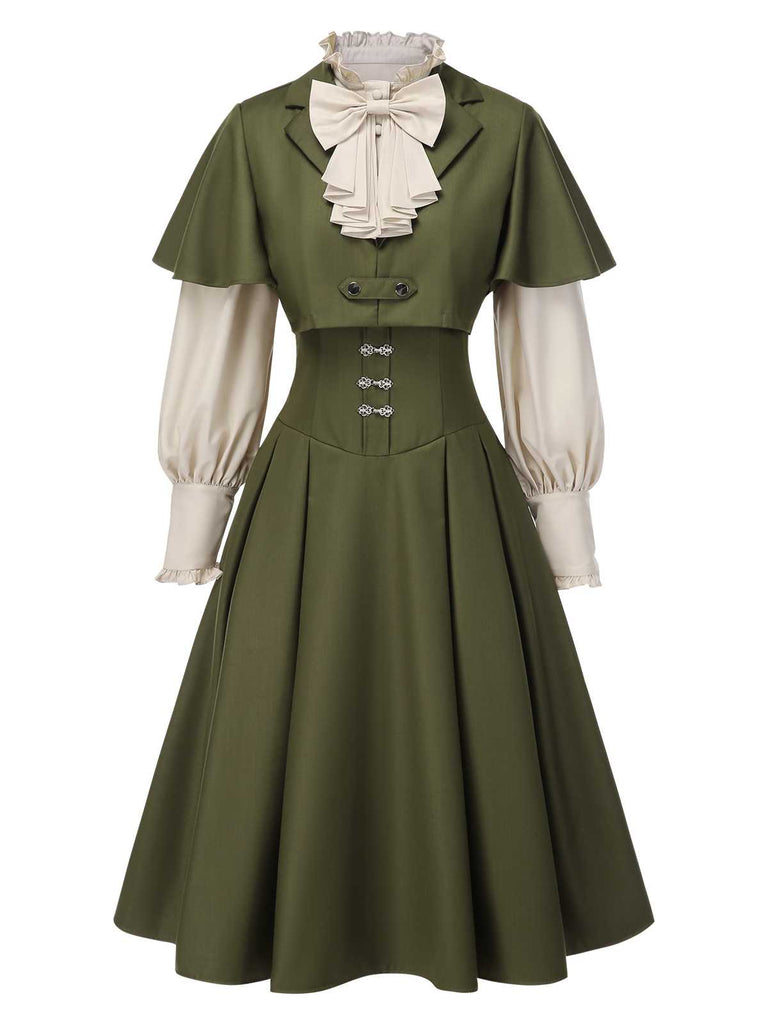 [Vorverkauf] 2PCS Grün 1950er Viktorianisch Bogen Tie Kleid & Kurzes Cape