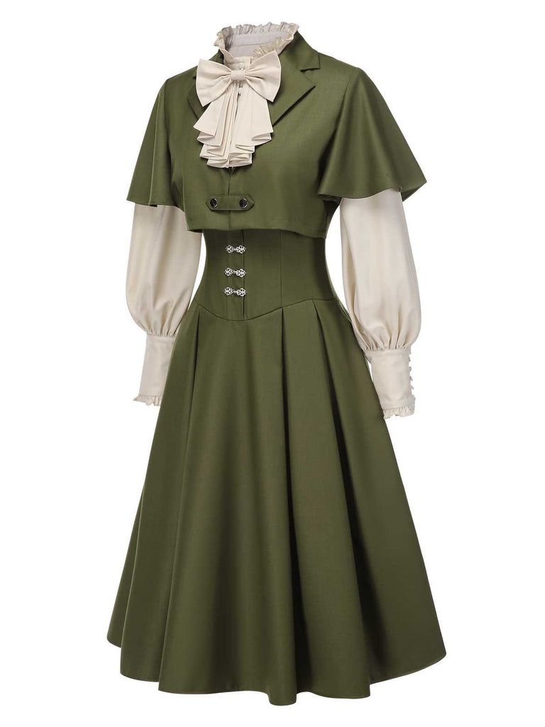 [Vorverkauf] 2PCS Grün 1950er Viktorianisch Bogen Tie Kleid & Kurzes Cape