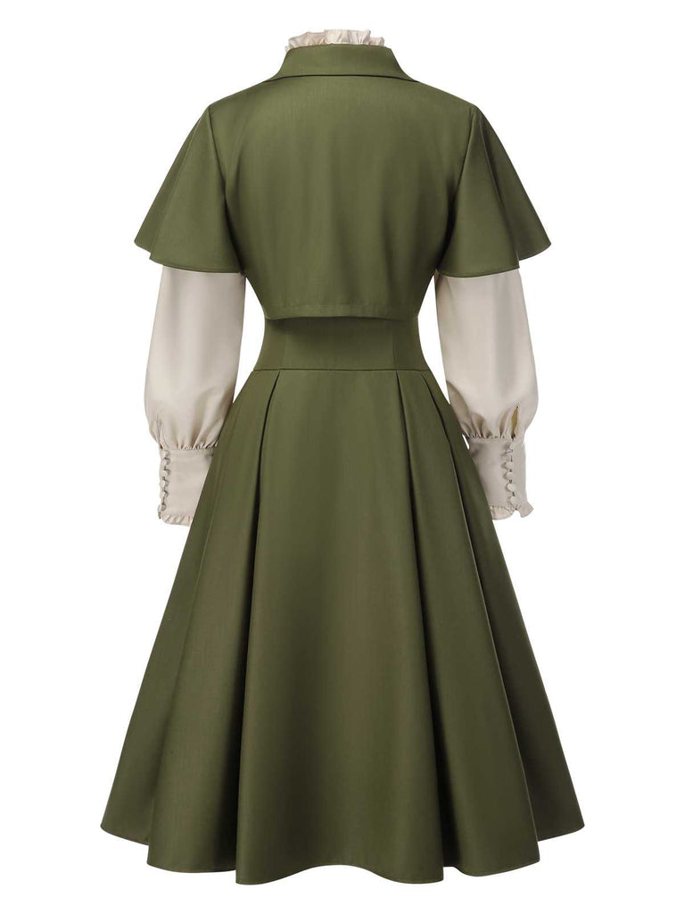 [Vorverkauf] 2PCS Grün 1950er Viktorianisch Bogen Tie Kleid & Kurzes Cape