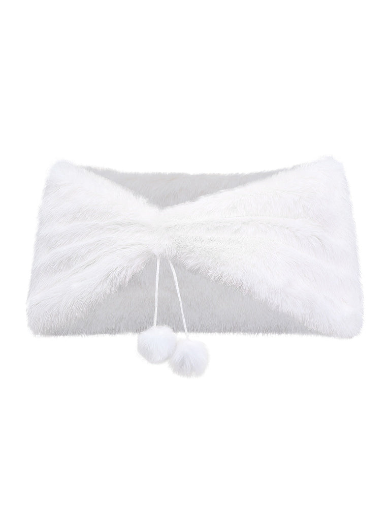 [Vorverkauf] Weiß 1970er Solide Kunstpelz Pompon Binden Schal