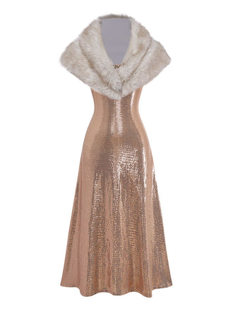 [Vorverkauf] 2PCS Braun 1920er Pailletten Kleid & Kunst Pelz Schal