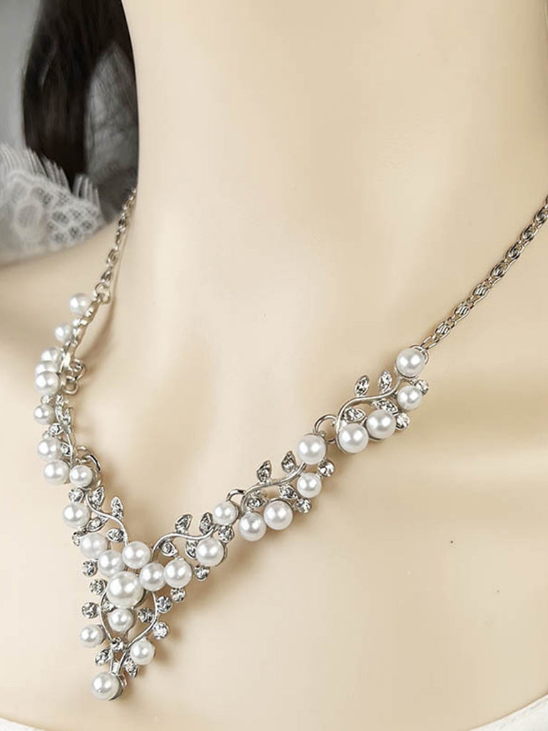 Weiß Perle Strass Blätter Halskette & Ohrring Set