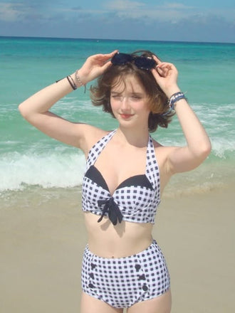 Schwarz 2PCS SCHWARZ PLAID NECKHOLDER BADEANZUG