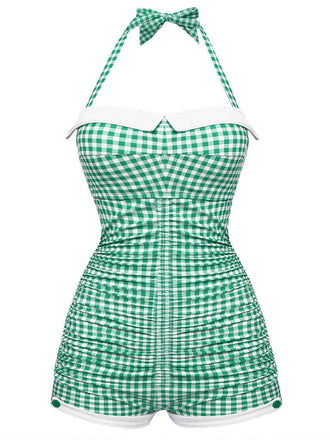 Hellgrün Gingham 1950er Schleife Neckholder Badeanzug