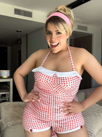 KARIERTER EINTEILIGER BADEANZUG MIT NECKHOLDER UND BOWKNOT