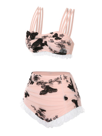 Beige 1950er Netz Schmetterling Bikini Set