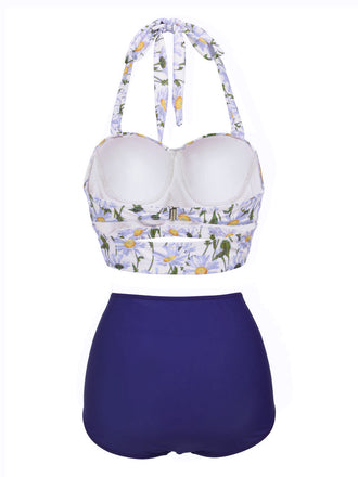 Blau 1950er Floral Neckholder Schnür Bikini Set