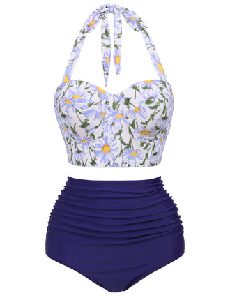 Blau 1950er Floral Neckholder Schnür Bikini Set