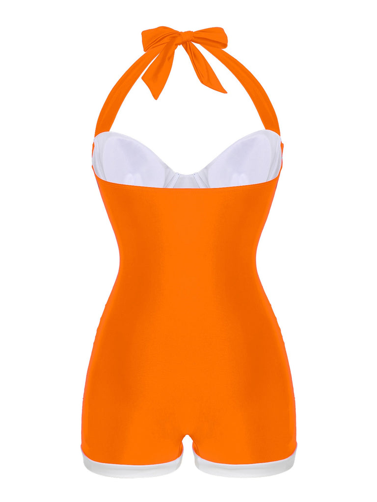 [Vorverkauf] Orange 1950er Plissierter Halfterbadeanzug Plissiert
