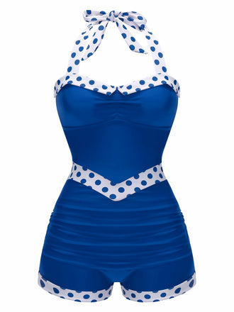 Blau 1940er Halter Patchwork Einteiliger Badeanzug