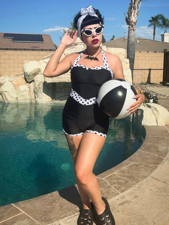 Schwarz 1940er Halter Patchwork Einteiliger Badeanzug