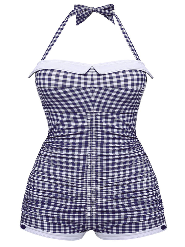 [Vorverkauf] [Übergröße] Blau 1950er Plaid Halter Bowknot Einteiliger Badeanzug
