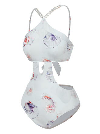 Lila 1970er Perle Muscheldruck Ausgehöhlter Träger Badeanzug