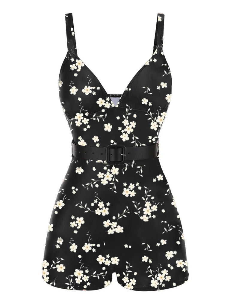 Schwarz 1940er Blumen Boxer Träger Badeanzug