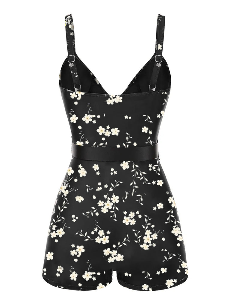 Schwarz 1940er Blumen Boxer Träger Badeanzug
