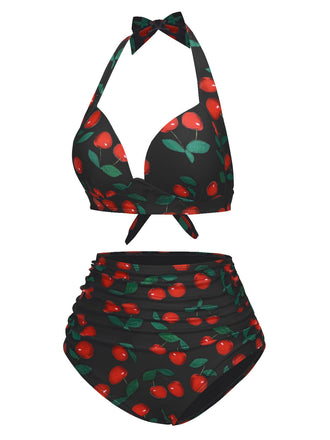 1930er Rot Kirsche Gerüschtes Halter Bikini Set