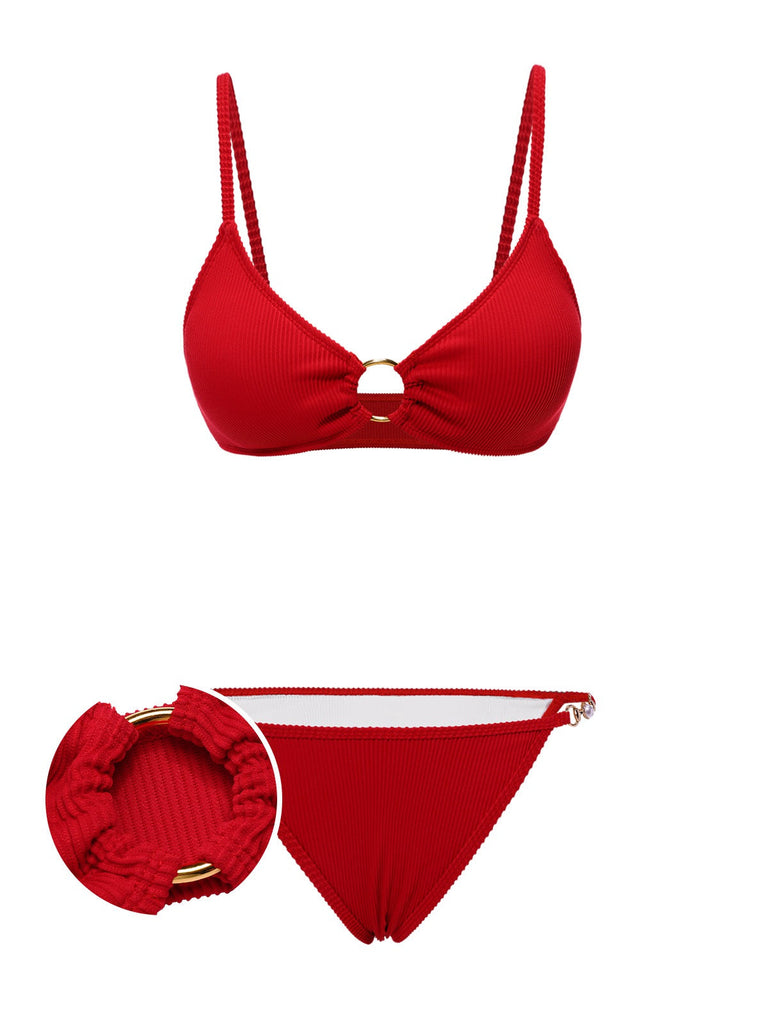[Vorverkauf] Rot 1960er Glitzer Ring Träger Bikini Set