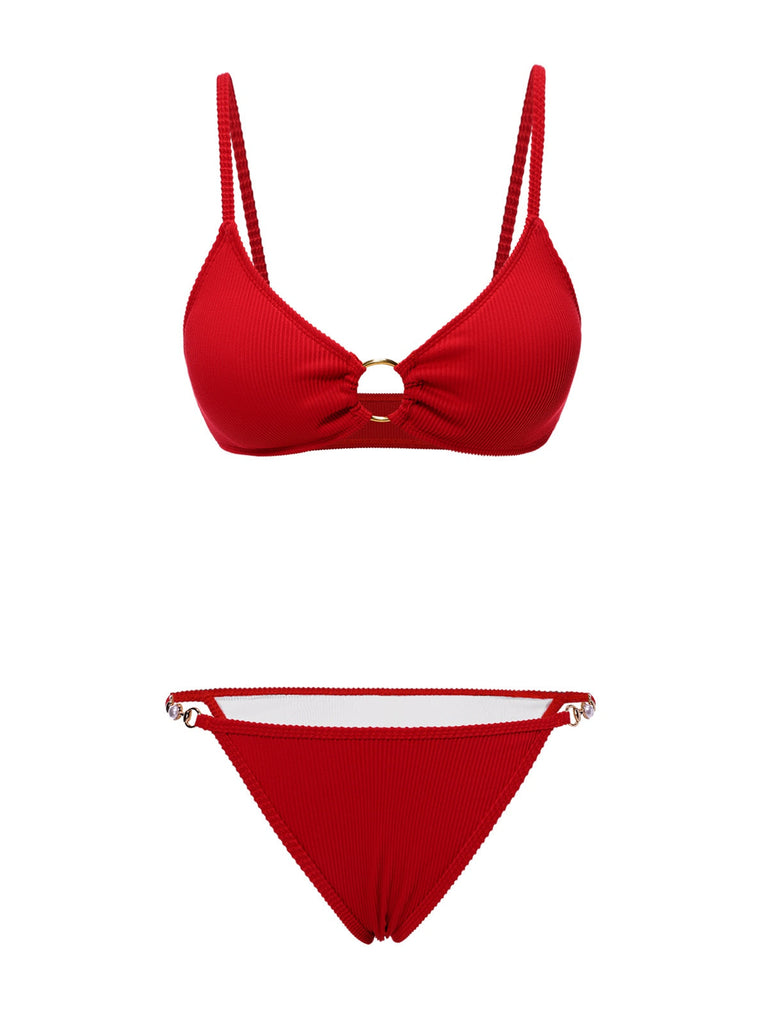 [Vorverkauf] Rot 1960er Glitzer Ring Träger Bikini Set