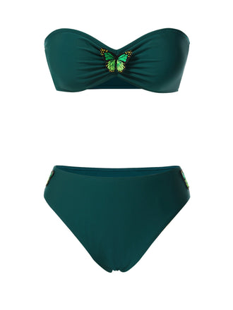 Grün 1960er 3D-Schmetterling Bandeau Bikini Set