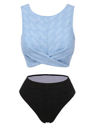 Blau 1950er Blumen Jacquard Tank Bikini Set