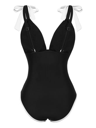 Schwarz 1950er Solide Tasten Schulter Schnürung Badeanzug