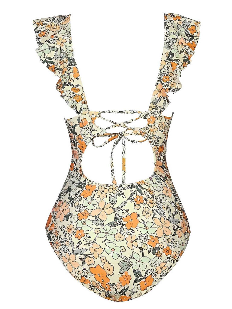 Multicolor 1950er Blumen Rüschen Zurück Ausgehöhlter Badeanzug