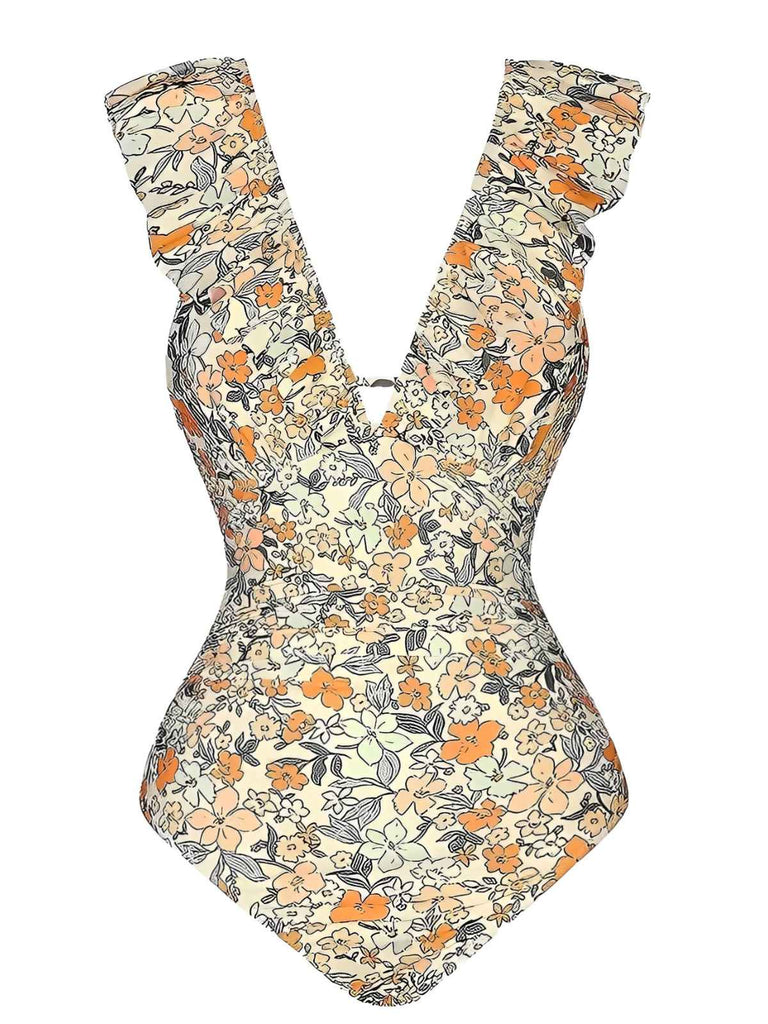 Multicolor 1950er Blumen Rüschen Zurück Ausgehöhlter Badeanzug
