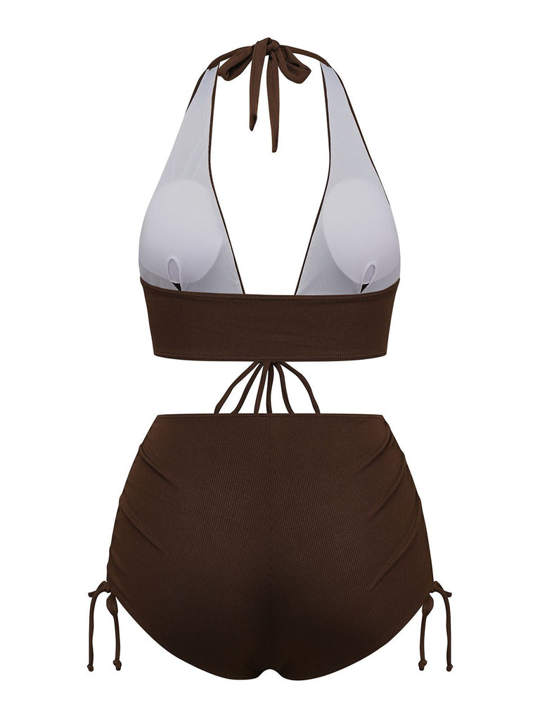 Braun 1950er Solide Tief V-Ausschnitt Halfter Bikini Set