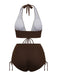 Braun 1950er Solide Tief V-Ausschnitt Halfter Bikini Set