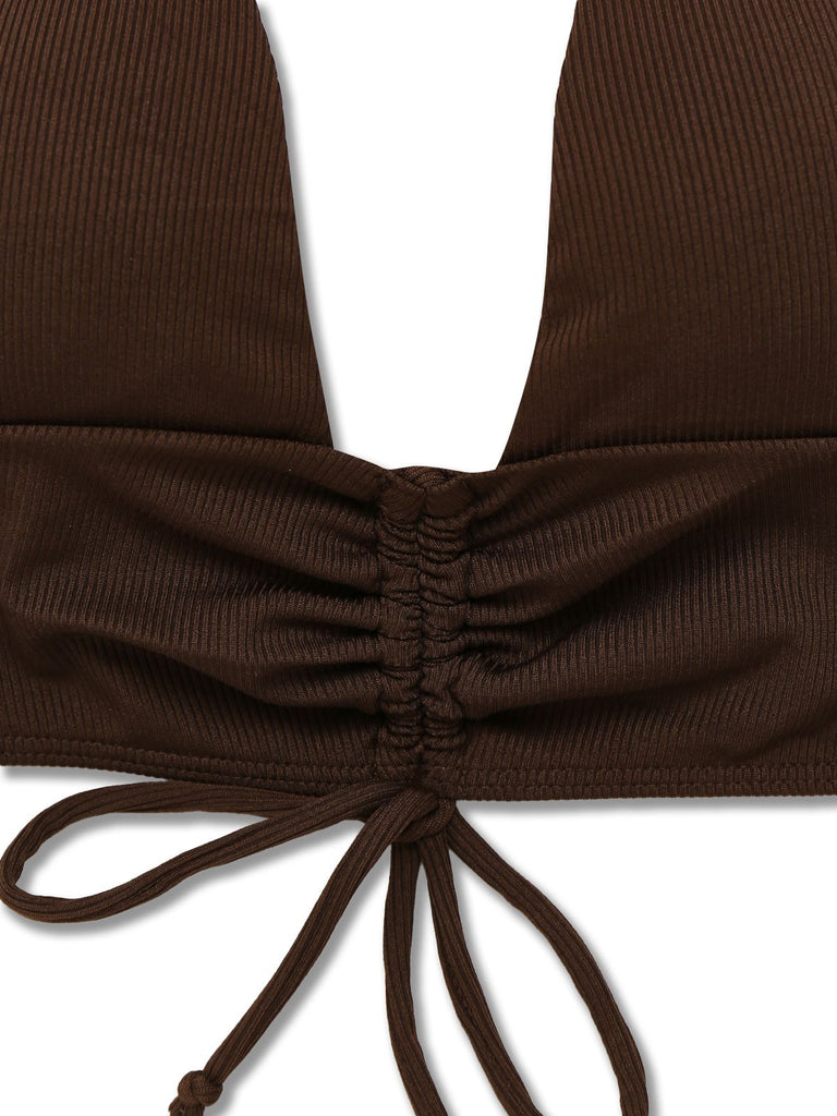 Braun 1950er Solide Tief V-Ausschnitt Halfter Bikini Set