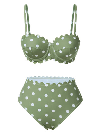 Grün 1940er Blütenblattkante Polka Dots Bikini