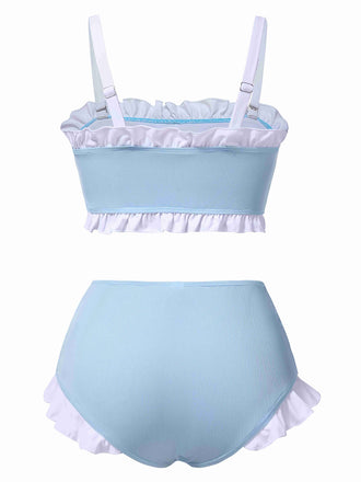 Blau 1950er Rüschen Träger Badeanzug