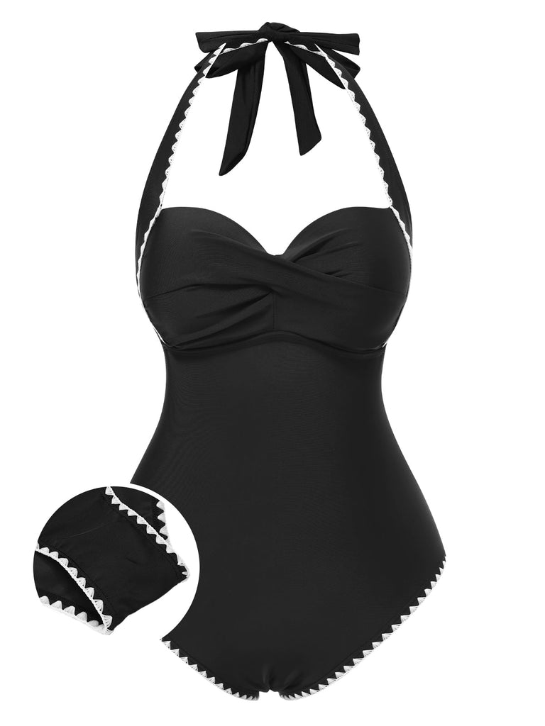 Schwarz 1950er Halter Weiße Gezackte Kanten Badeanzug
