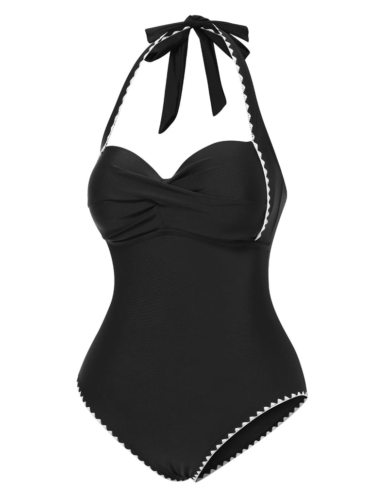 Schwarz 1950er Halter Weiße Gezackte Kanten Badeanzug