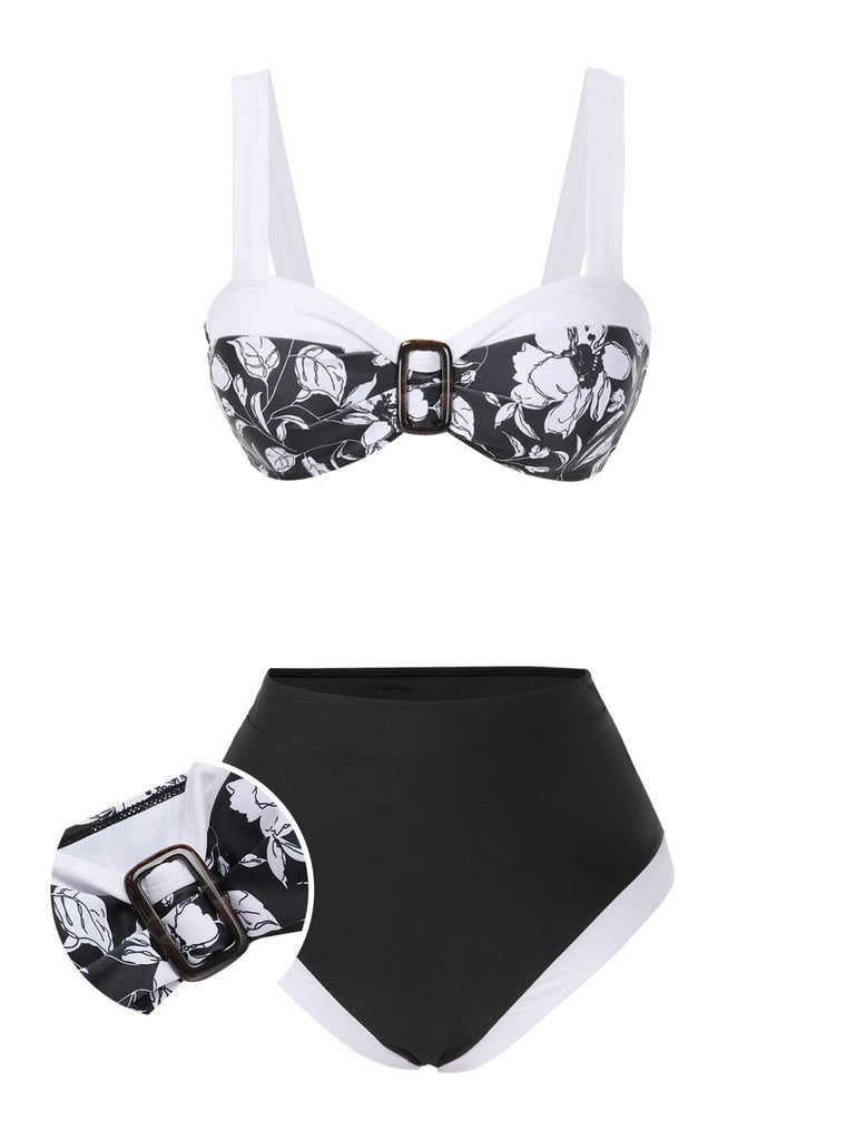 [Vorverkauf] Schwarz 1940er Hepburn Silhouette Blumen Bikini Set