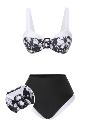 Schwarz 1940er Hepburn Silhouette Blumen Bikini Set