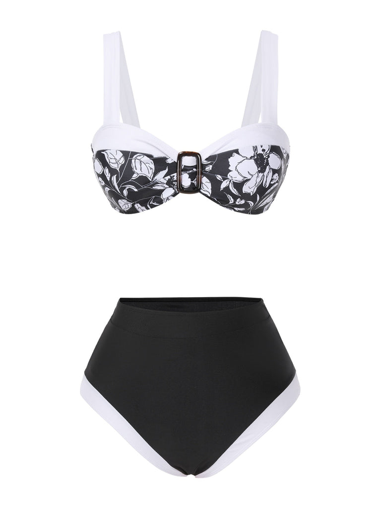 [Vorverkauf] Schwarz 1940er Hepburn Silhouette Blumen Bikini Set