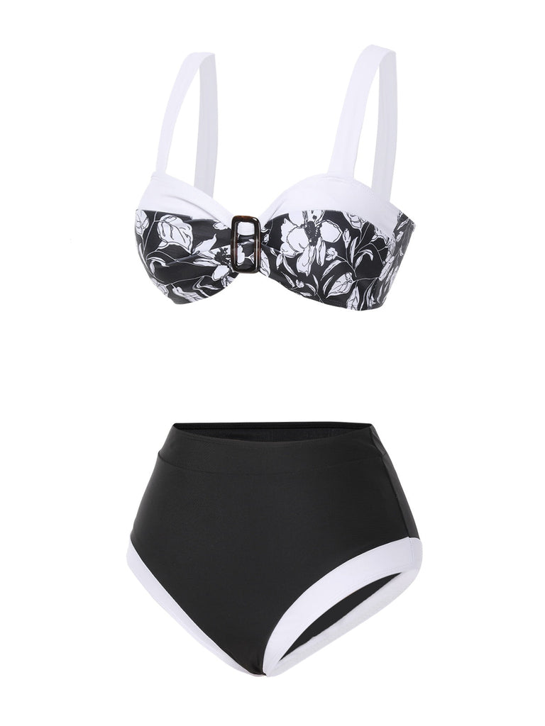[Vorverkauf] Schwarz 1940er Hepburn Silhouette Blumen Bikini Set